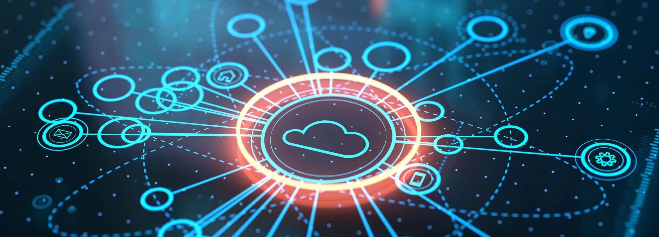 Glowing central cloud and interconnected icons, signifying China Telecom Americas cloud-based data exchange.